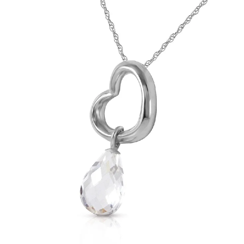 Worn medallion necklaces-14K Solid White Gold Heart Necklace with Dangling Natural White Topaz