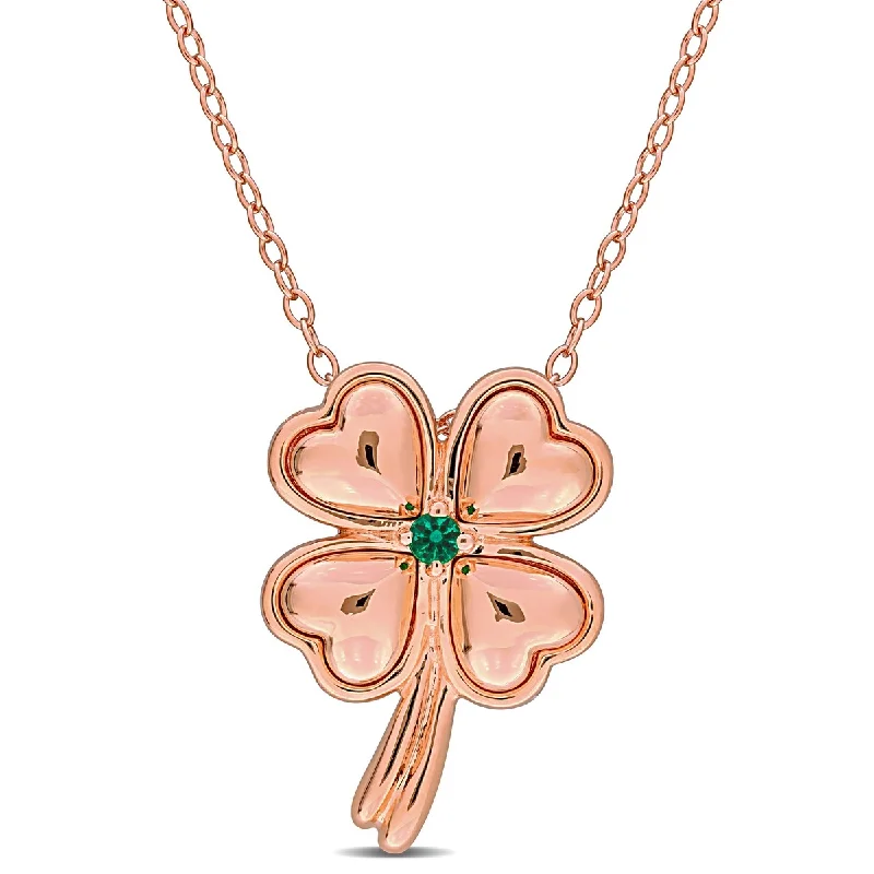 Radiant charm necklaces-Miadora Created Emerald Accent Clover Leaf Necklace Rose Plated Sterling Silver