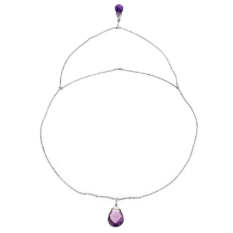 Cord fringe necklaces-14K Solid White Gold Front and Back Drop Necklace with Briolette Amethysts