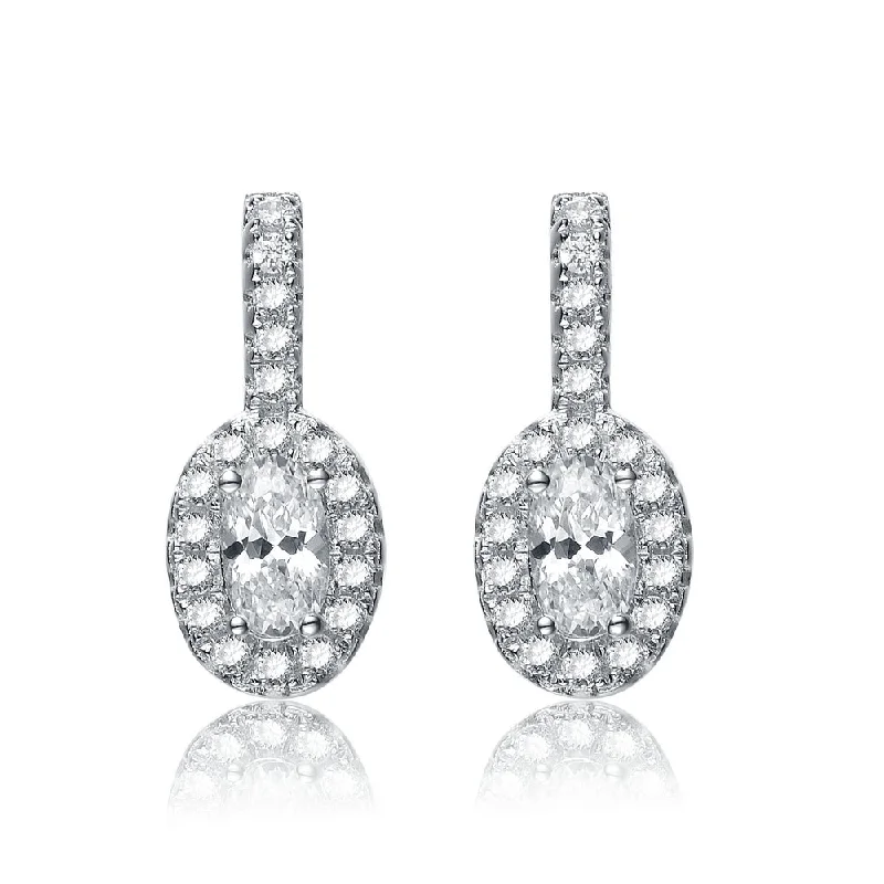 Cubic Zirconia Sterling Silver Rhodium Plated Oval Shape Drop Earrings