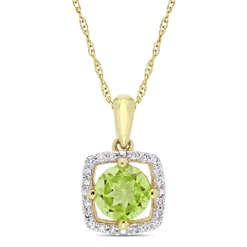 Quartz healing necklaces-Miadora 10k Yellow Gold Peridot and 1/8ct TDW Diamond Floating Square Halo Dangle Necklace