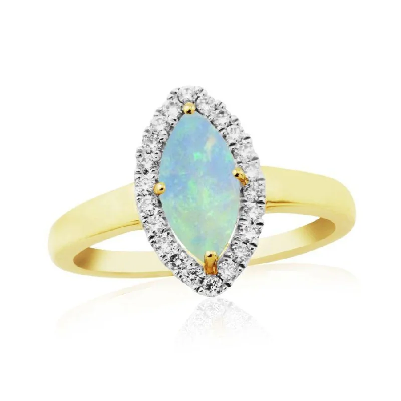 Sleek rose engagement rings-9ct Yellow Gold Marquise Cut Opal & Diamond Halo Cluster Ring