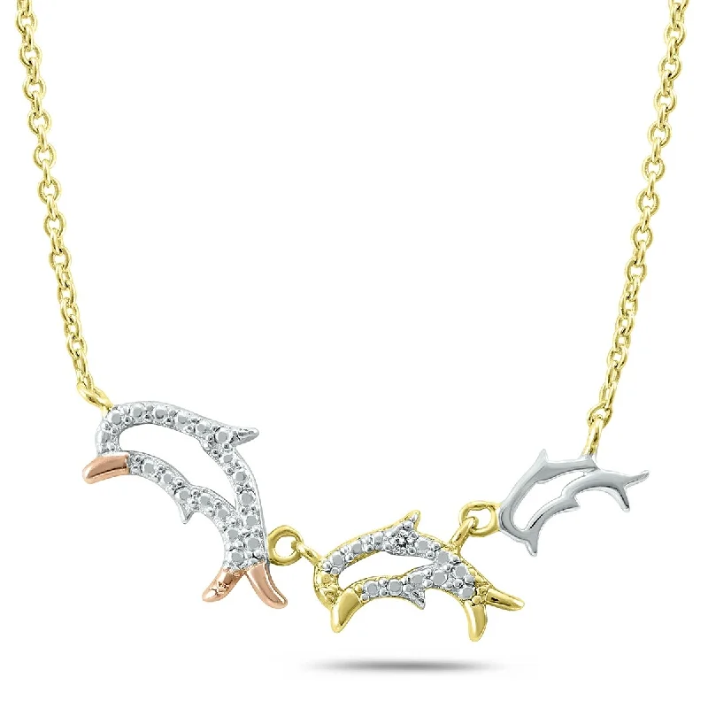 Astro charm necklaces-Marquee Diamond Accent Dolphin Family Necklace in Gold Plated .925 Sterling Silver