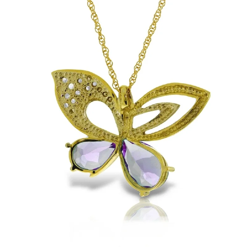 Warm wood necklaces-14K Solid Gold Batterfly Necklace with Natural Diamonds & Amethysts