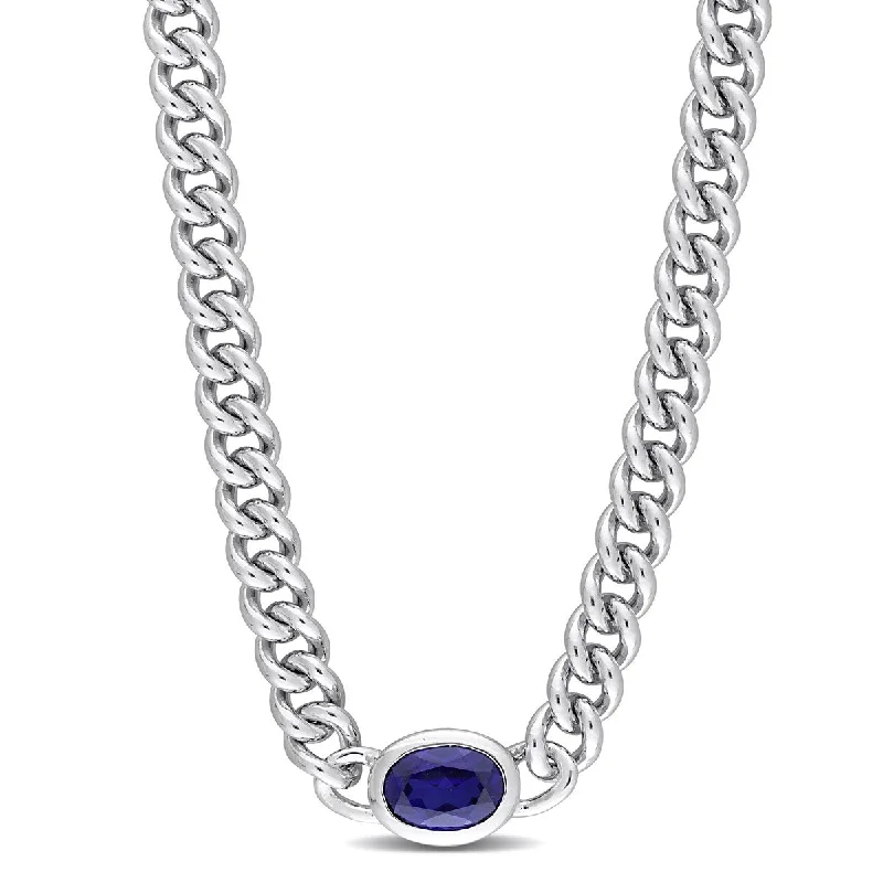 Luxe gem necklaces-Miadora 1 1/4ct TGW Oval Created Blue Sapphire Curb Link Necklace Sterling Silver