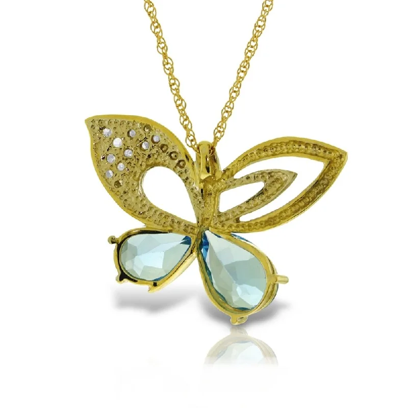 Frosted bead necklaces-14K Solid Gold Batterfly Necklace with Natural Diamonds & Blue Topaz