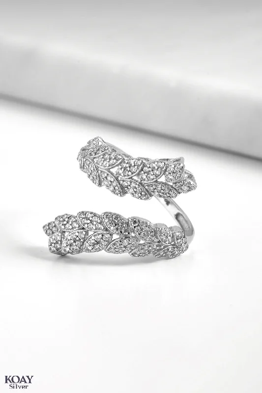 Sleek design rings-Zircon Double Leaf Ring