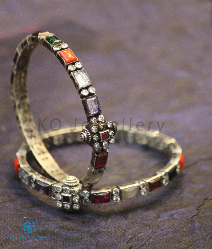 Quartz gem bangles-The Sattva Silver Navratna Bracelet (Oxidised/Size 2.2/2.4/2.6)