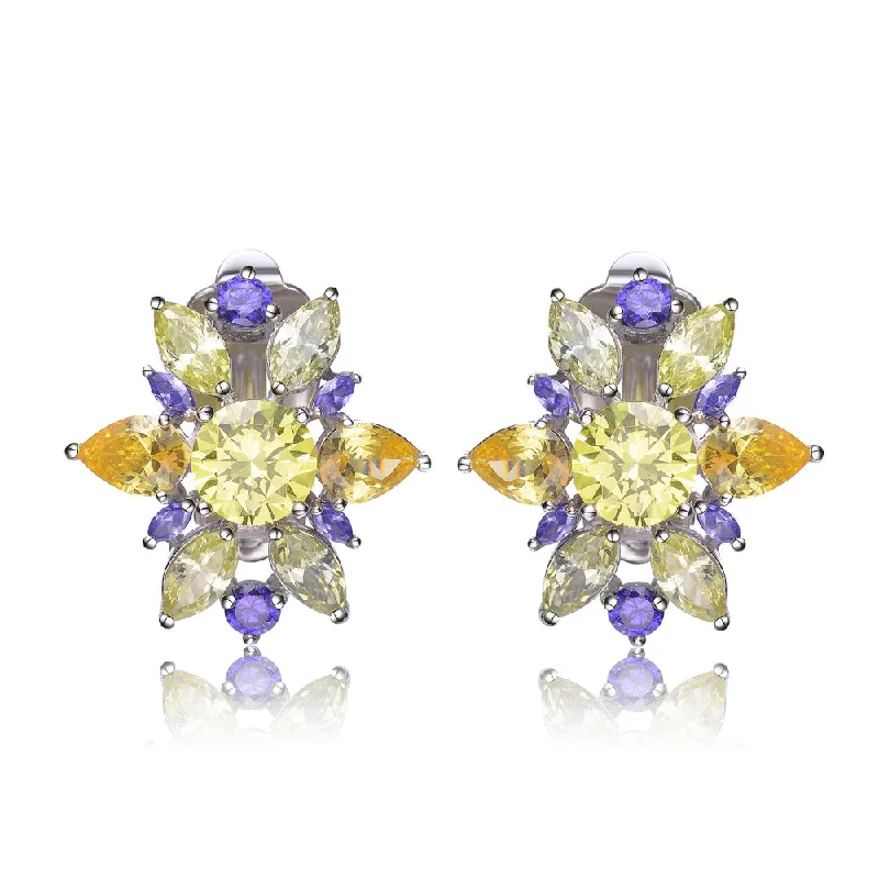 Cubic Zirconia Sterling Silver Rhodium Plated Lemon, Amethyst And Peridot Flower Earrings