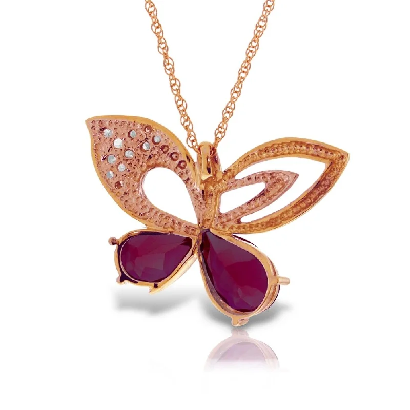 Ruby stone necklaces-14K Solid Rose Gold Batterfly Necklace withNatural Diamonds & rubyes