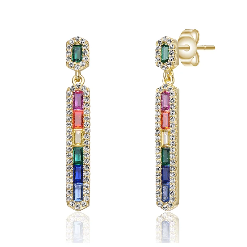 Sterling Silver 14k Gold Plated Rainbow & White Cubic Zirconia Linear Dangle Earrings