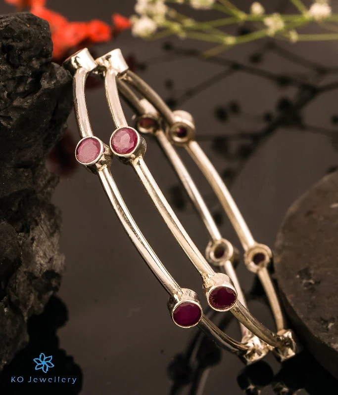 Worn charm bangles-The Anupa Silver Gemstone Bangle (Red/Size 2.4)