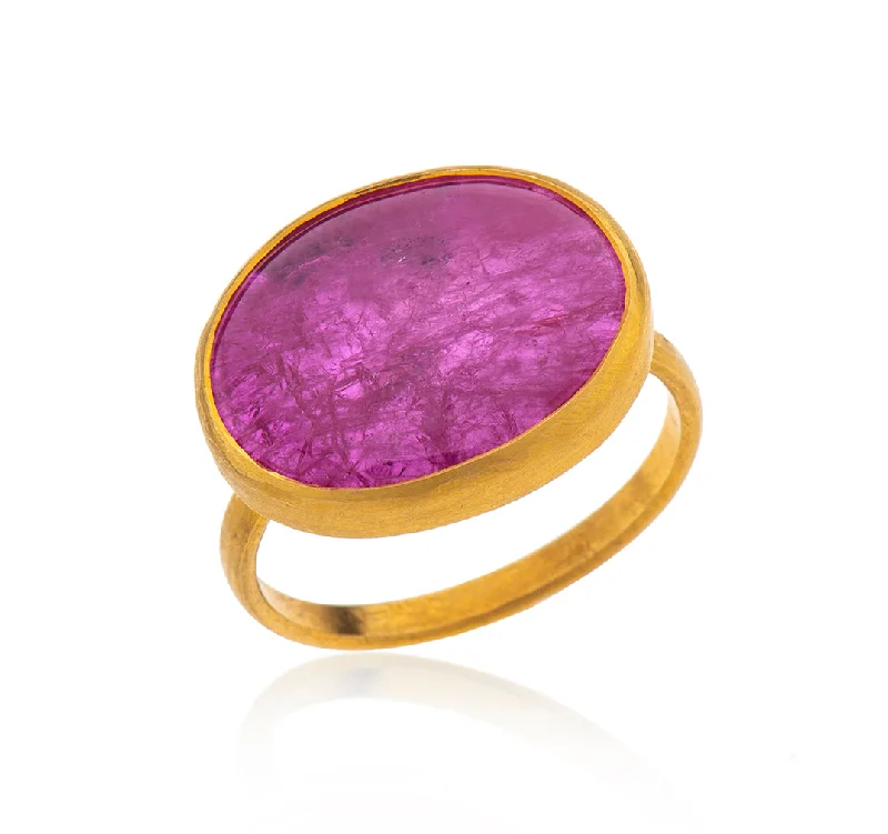 Flat band rings-Nava Zahavi Yellow Gold Pink Tourmaline Oval Ring