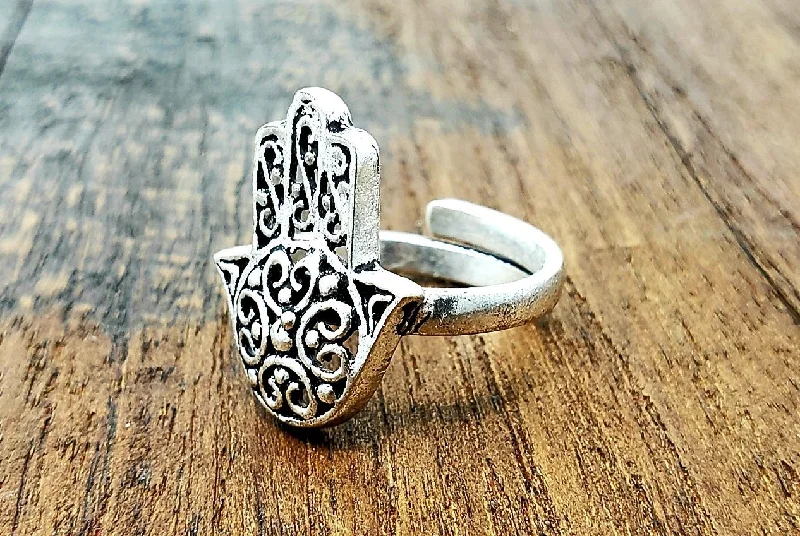 Minimal silver rings-Adjustable Hamsa Ring