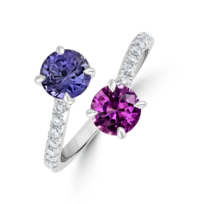 Retro style engagement rings-18ct White Gold Pink & Purple Sapphire & Diamond Crossover Ring