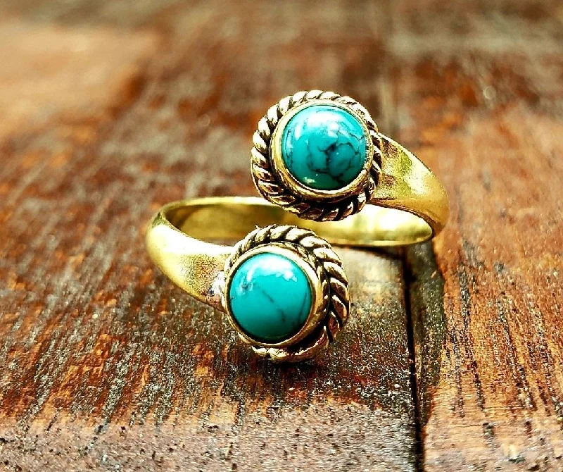 Petite flower rings-Adjustable Brass Turquoise Ring