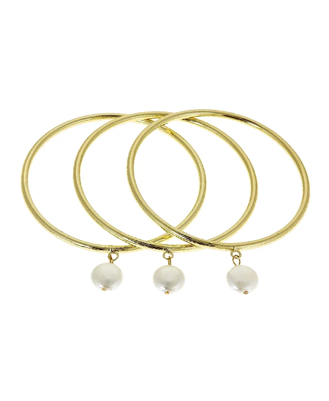 Worn bronze bangles-Bangle Set w/ Pearl Charm