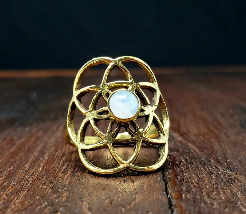 Flat bow rings-Moonstone Seed of Life Ring