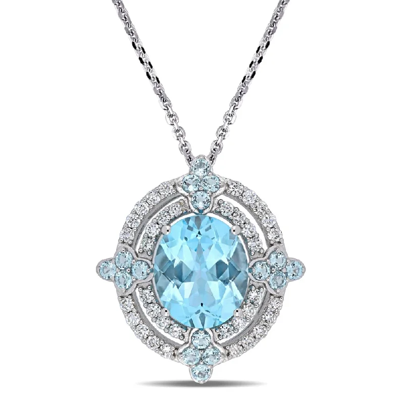 Engraved name necklaces-Miadora 14k White Gold Sky-Blue Topaz and 1/2ct TDW Diamond Double Halo Necklace