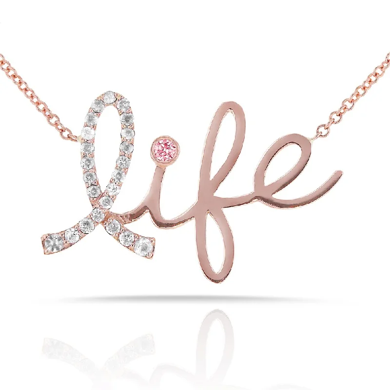 Topaz drop necklaces-Annello by Kobelli 14k Rose Gold Pink Sapphire and 1/8ct TDW Diamond Breast Cancer Awareness 'Life' Necklace