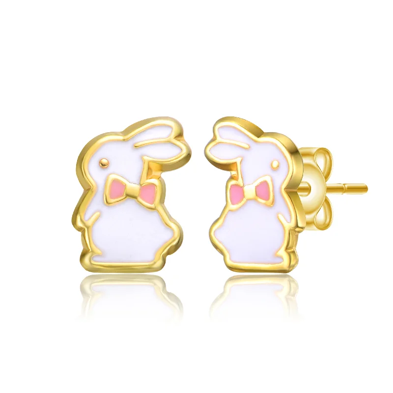 14k Gold Plated White Enamel & Pink Bow Tie Bunny Rabbit Stud Earrings