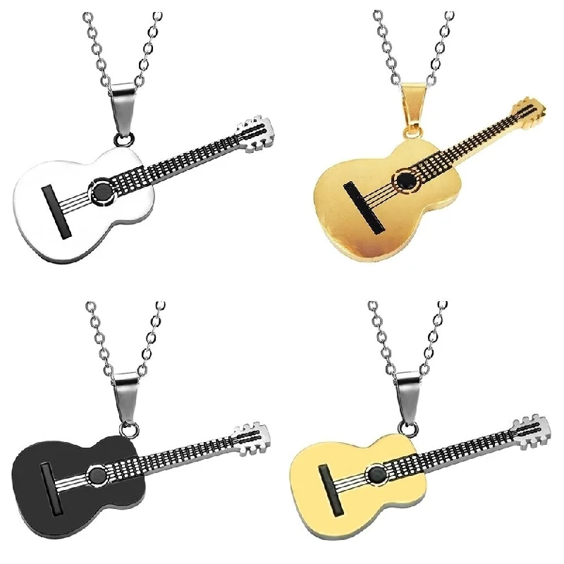 Fiber fringe necklaces-Men Women Rock Guitar Pendant Stainless Steel Necklace Jewelry Musician Gift - no