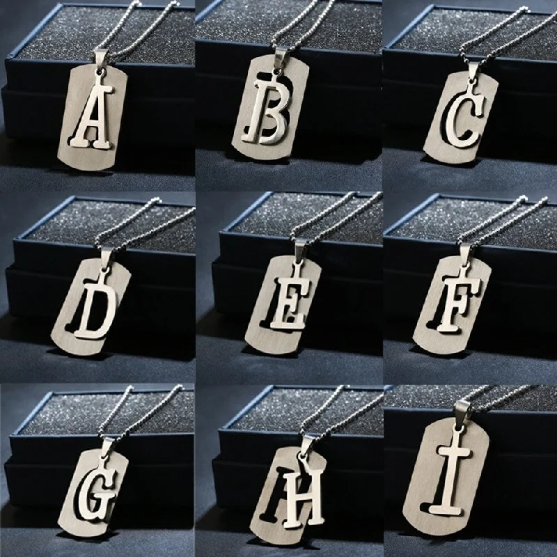 Ethnic weave necklaces-26 Letters Alphabet Dog Tag Pendant Beaded Chain Punk Stainless Steel Necklace