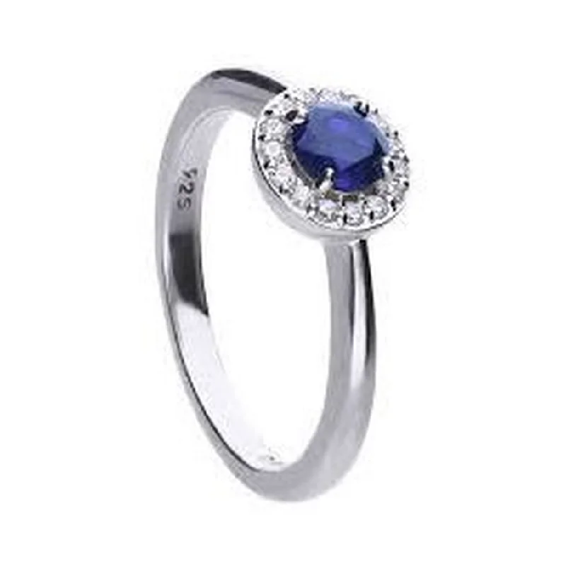 Sculptural engagement rings-Silver Blue Cubic Zirconia Round Halo Cluster Ring, size N