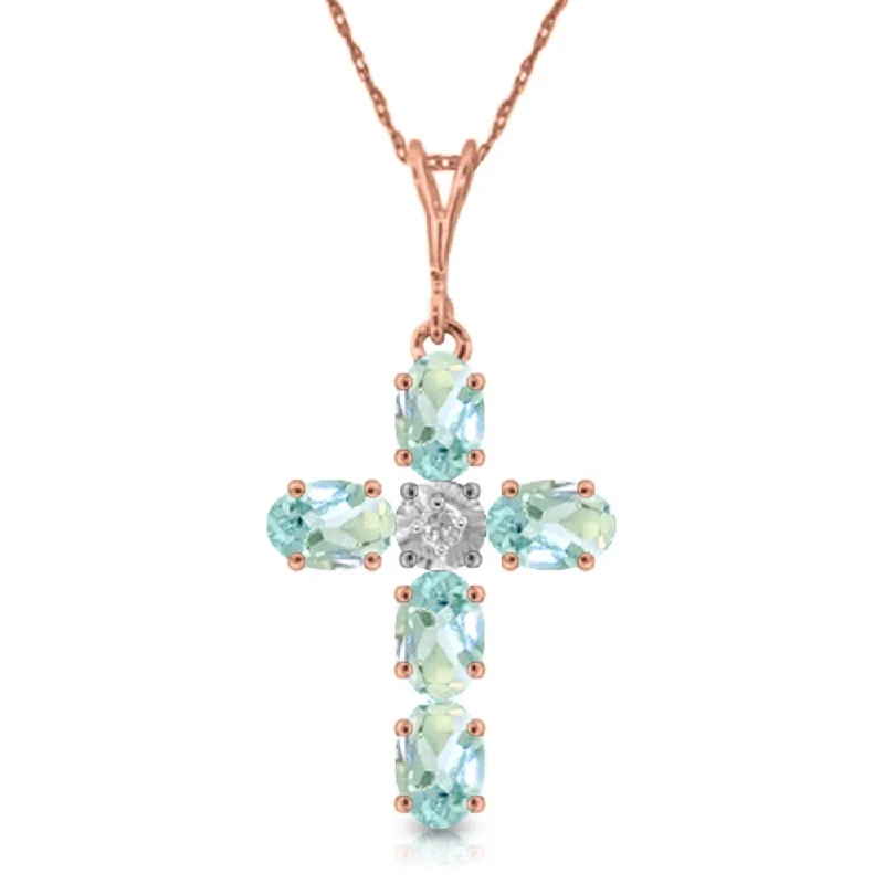 Multi-strand necklaces-1.75 Carat 14K Rose Gold Cross Necklace Natural Diamond Aquamarine