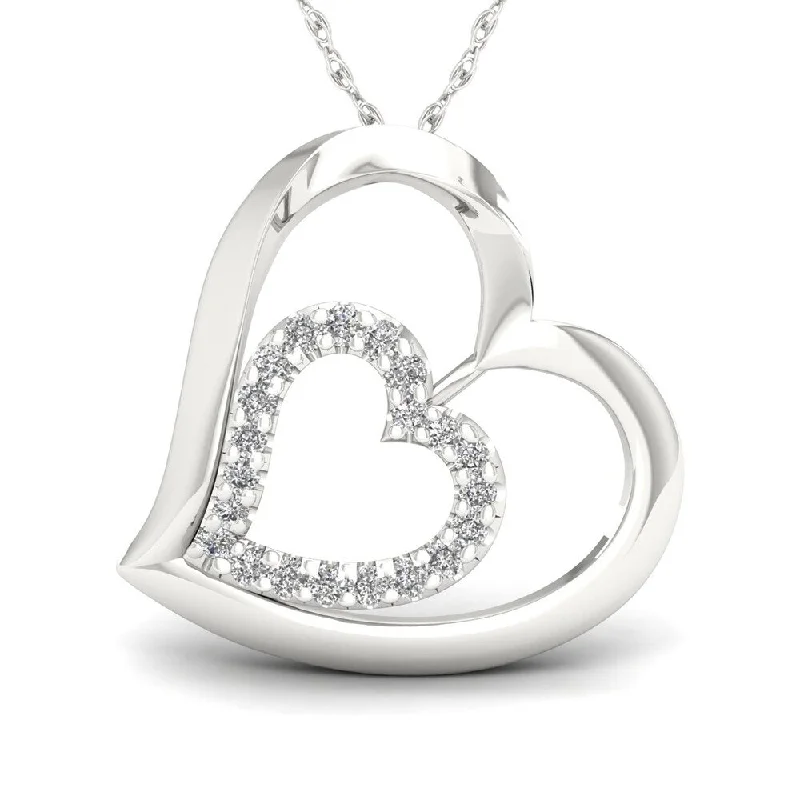 Drape-style necklaces-De Couer 10k White Gold 1/8ct TDW Diamond Tilted Double Heart Necklace - White H-I