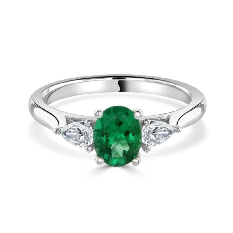 Tiny wing engagement rings-Platinum Oval Cut Emerald & Pear Cut Diamond Trilogy Ring