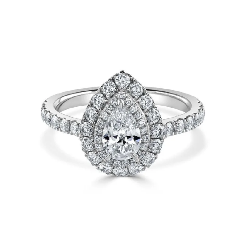 Spiral shank engagement rings-Platinum Pear Shaped Diamond Double Halo Cluster Ring with Diamond Shoulders