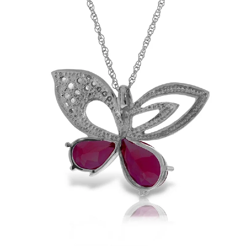 Dove feather necklaces-14K Solid White Gold Batterfly Necklace withNatural Diamonds & rubyes