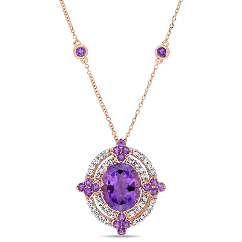 Sleek drop necklaces-Miadora 14k Rose Gold African-Amethyst and 1/2ct TDW Diamond Double Halo Necklace