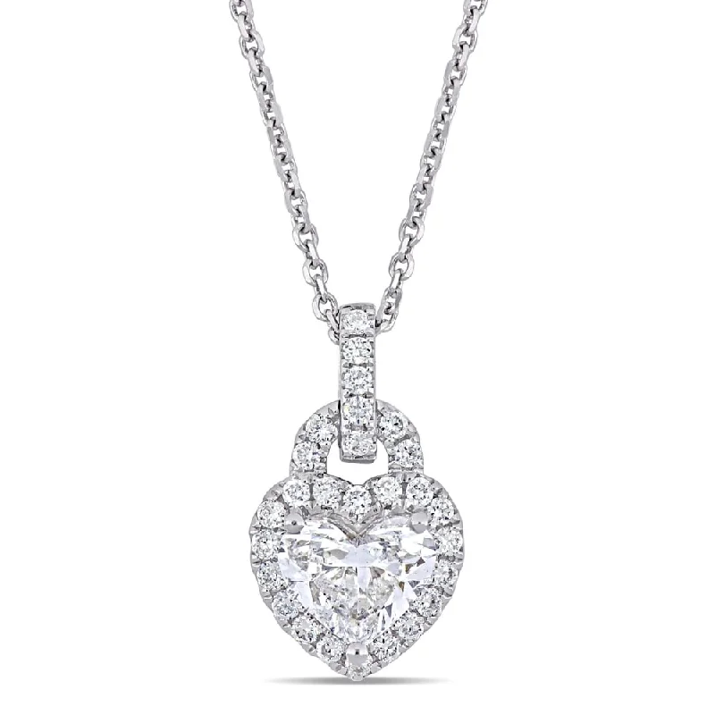 Coiled thread necklaces-Miadora 14k White Gold 1 1/4ct TDW Diamond Heart Halo Dangle Necklace