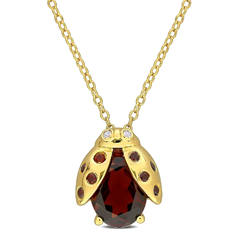 Round pendant necklaces-Miadora 3 1/10ct TGW Garnet White Topaz Ladybug Necklace Yellow Silver