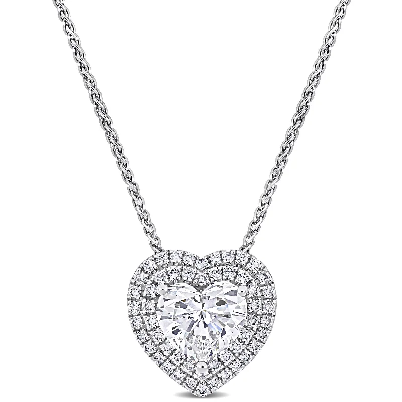 Lunar glow necklaces-Miadora 1 4/5ct TDW Heart-cut Diamond Double Halo Necklace in 14k White Gold