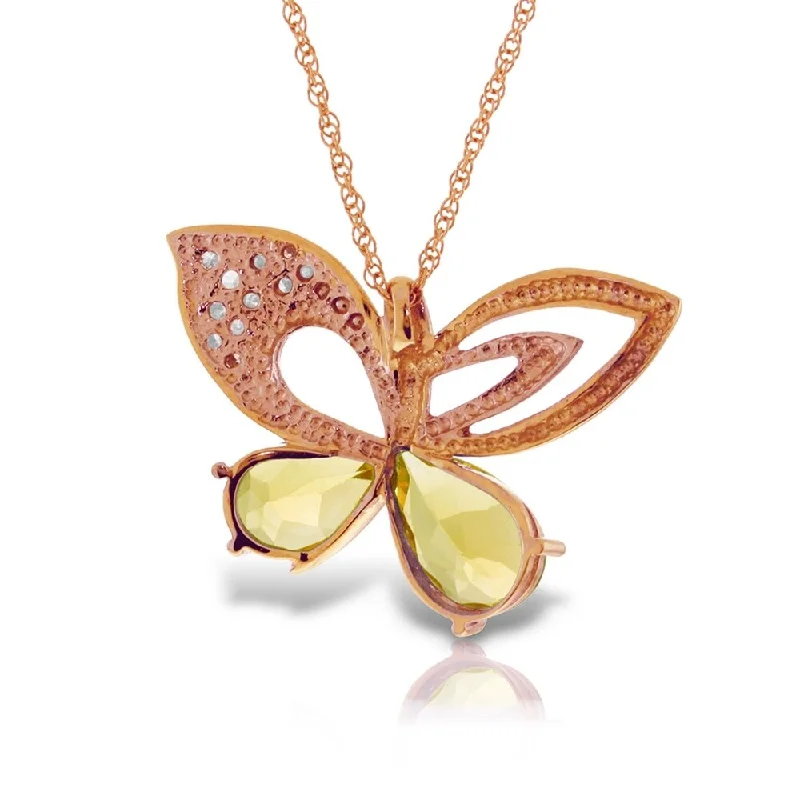 Polished bead necklaces-14K Solid Rose Gold Batterfly Necklace withNatural Diamonds & Citrines