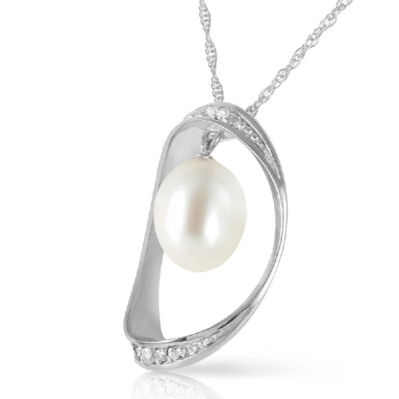 Wide bib necklaces-14K Solid White Gold Necklace with Natural Briolette pearl & Diamonds