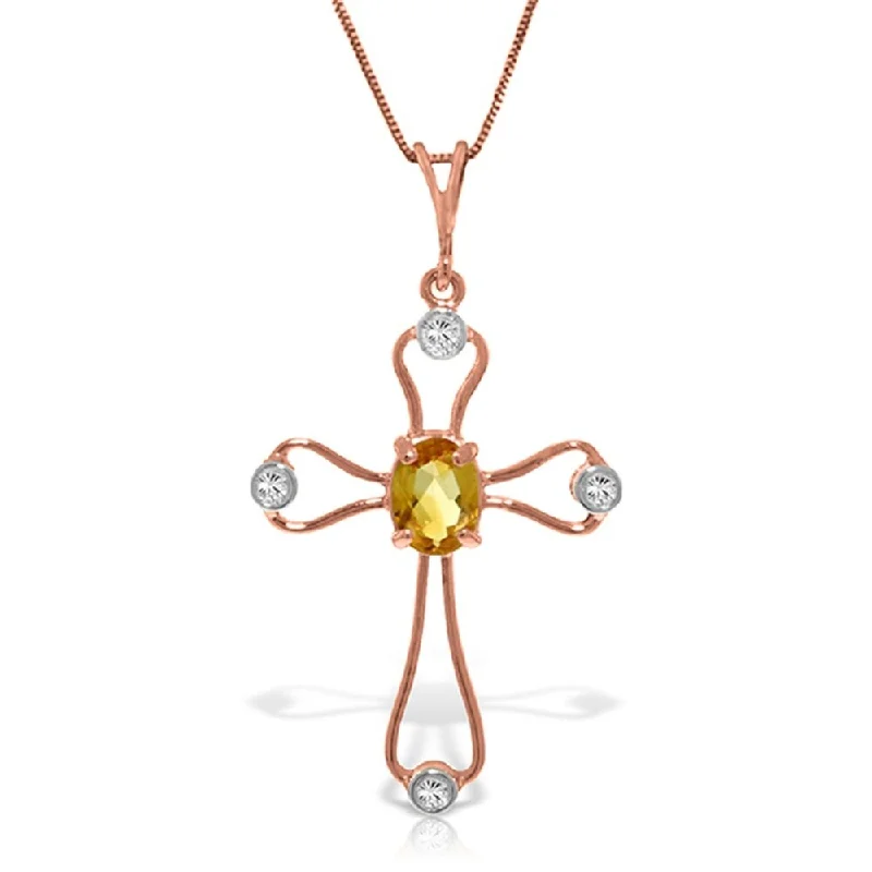 Flat knot necklaces-14K Solid Rose Gold Cross Necklace withNatural Diamonds & Citrine