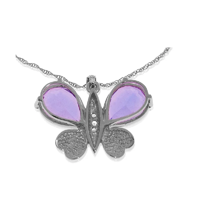 Spring clasp necklaces-14K Solid White Gold Batterfly Necklace with Natural Diamonds & Amethysts