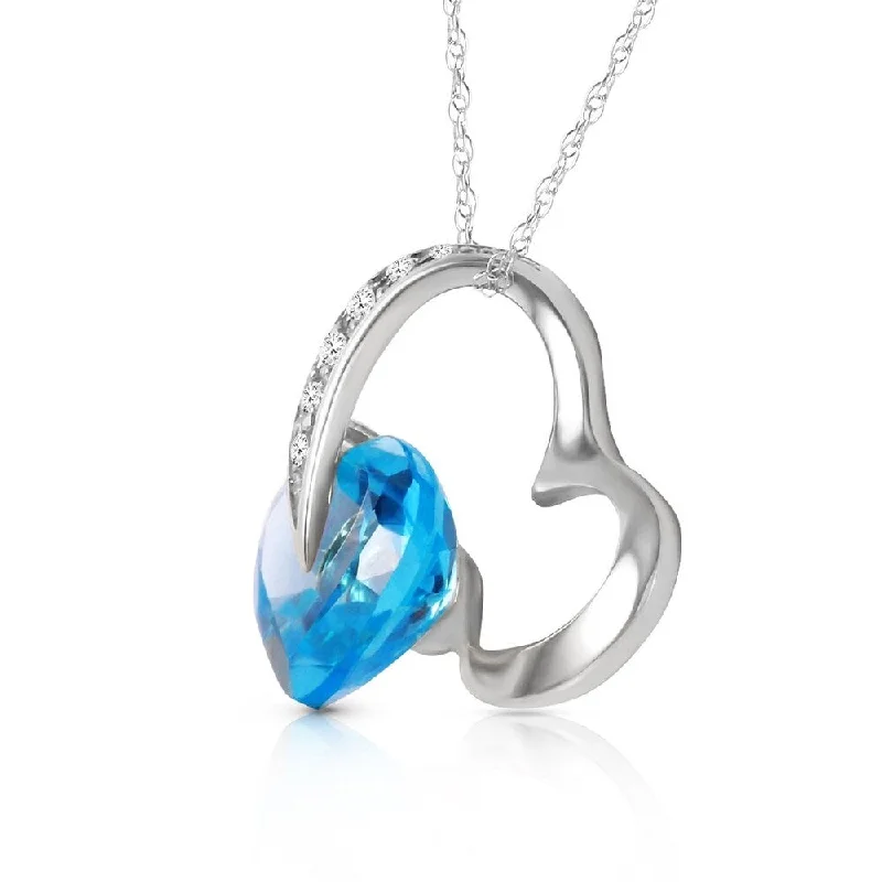 Emerald drop necklaces-14K Solid White Gold Heart Necklace with Natural Diamonds & Blue Topaz