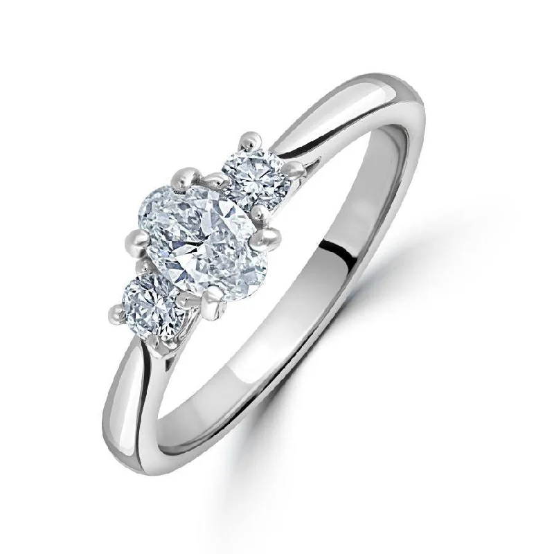 Forever band engagement rings-Platinum Oval & Round Brilliant Cut Diamond Trilogy Ring