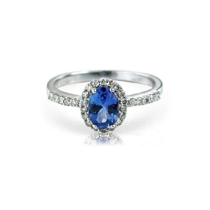 Retro gem engagement rings-9ct White Gold Oval Cut Tanzanite & Diamond Halo Cluster Ring with Diamond Shoulders