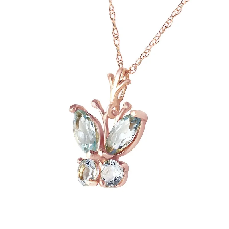 Turquoise gem necklaces-0.6 Carat 14K Solid Rose Gold Butterfly Necklace Aquamarine