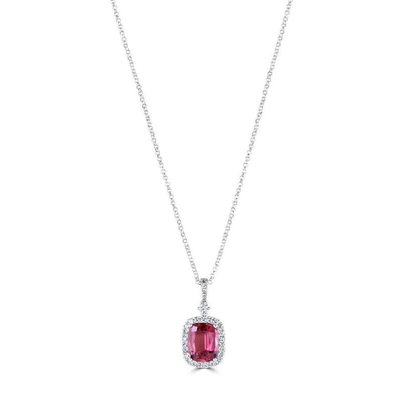 Classic ruby engagement rings-18ct White Gold Pink Tourmaline & Diamond Halo Cluster Pendant