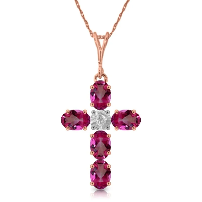 Chunky gem necklaces-1.88 Carat 14K Rose Gold Cross Necklace Natural Diamond Pink Topaz