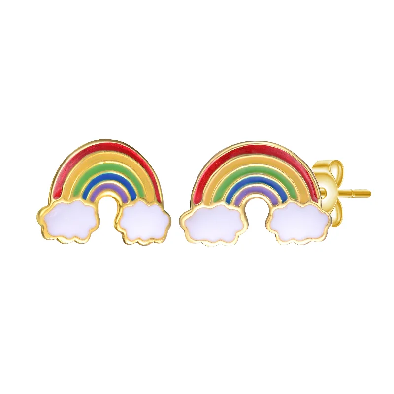 14k Gold Plated Colorful Rainbow Enamel & White Cloud Stud Earrings