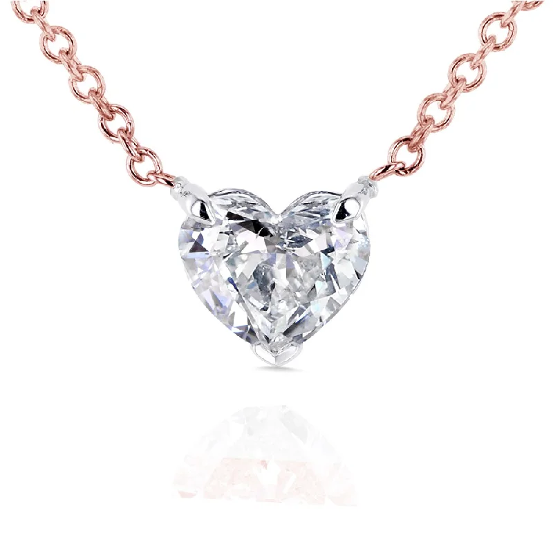 Crystal braid necklaces-Annello by Kobelli 14k Rose Gold Floating Heart Certified 1/2ct Diamond Solitaire Necklace