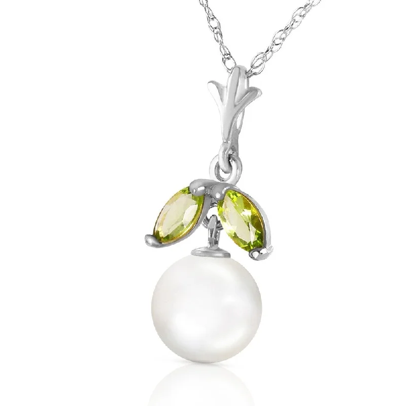 Rustic silver necklaces-2.2 Carat 14K Solid White Gold Necklace Natural pearl Peridot